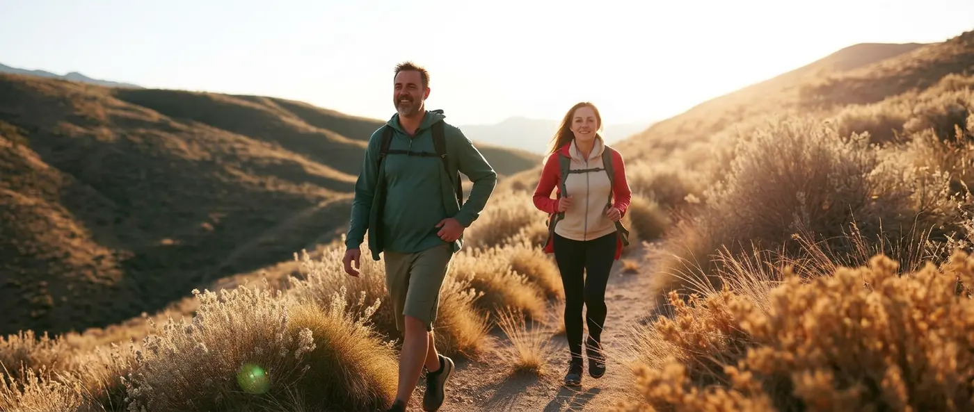 Couple in their forties hiking a sunlit Idaho foothills trail